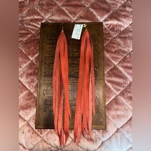 Terracotta Red Leather Fringe Earrings by Just Joey Rose